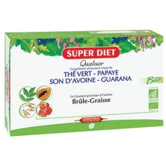 Quatuor Bio Thé Vert / Papaye / Son d'Avoine / Guarana - 20 Ampoules de 15ml - SuperDiet