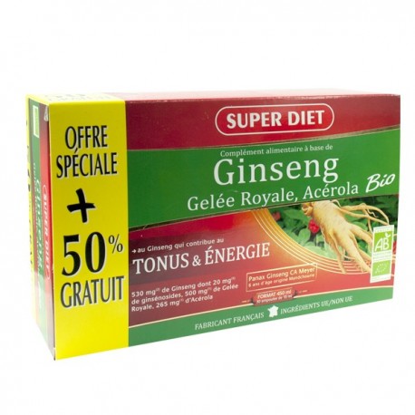 Ginseng, Gelée Royale, Acérola Bio - Promo 30 Ampoules - SuperDiet
