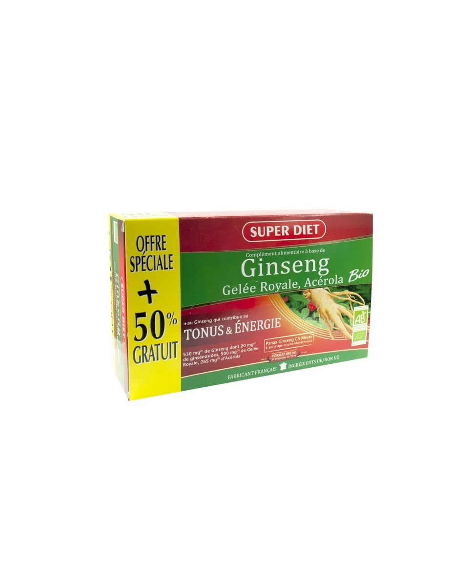 Ginseng, Gelée Royale, Acérola Bio - Promo 30 Ampoules - SuperDiet