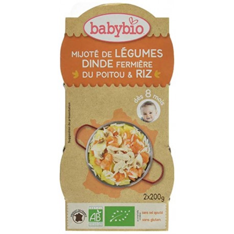 Mijoté de Légumes, Dinde Fermière du Poitou et Riz - 2x200gr - Babybio