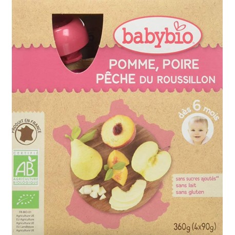 Gourdes Pomme, Poire, Pêche du Roussillon - 4x90gr - Babybio