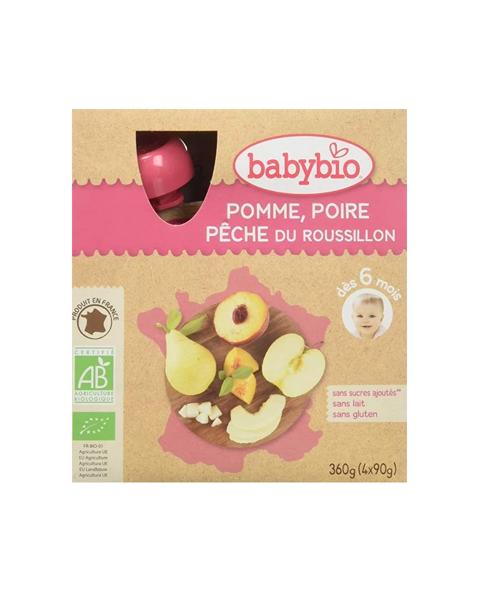 Gourdes Pomme, Poire, Pêche du Roussillon - 4x90gr - Babybio