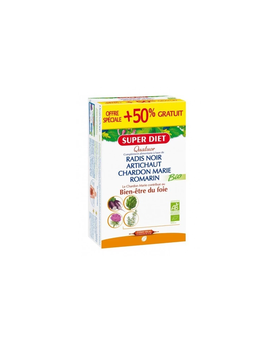 Quatuor Bio Radis Noir/Artichaut/Chardon Marie/Romarin - 20 ampoules de 15ml + 10 gratuites - SuperDiet