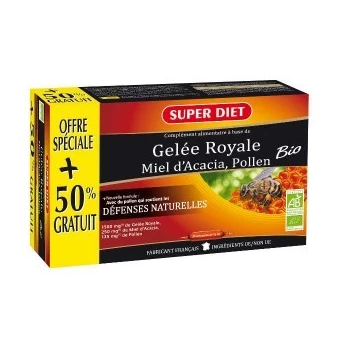 Gelée Royale Miel d'Acacia, Pollen Bio - 20+10 Ampoules - SuperDiet