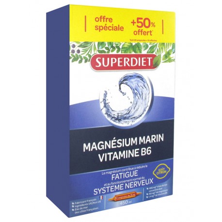 Magnésium Marin Vitamine B6 - 20 Ampoules + 10 Ampoules Gratuites - SuperDiet