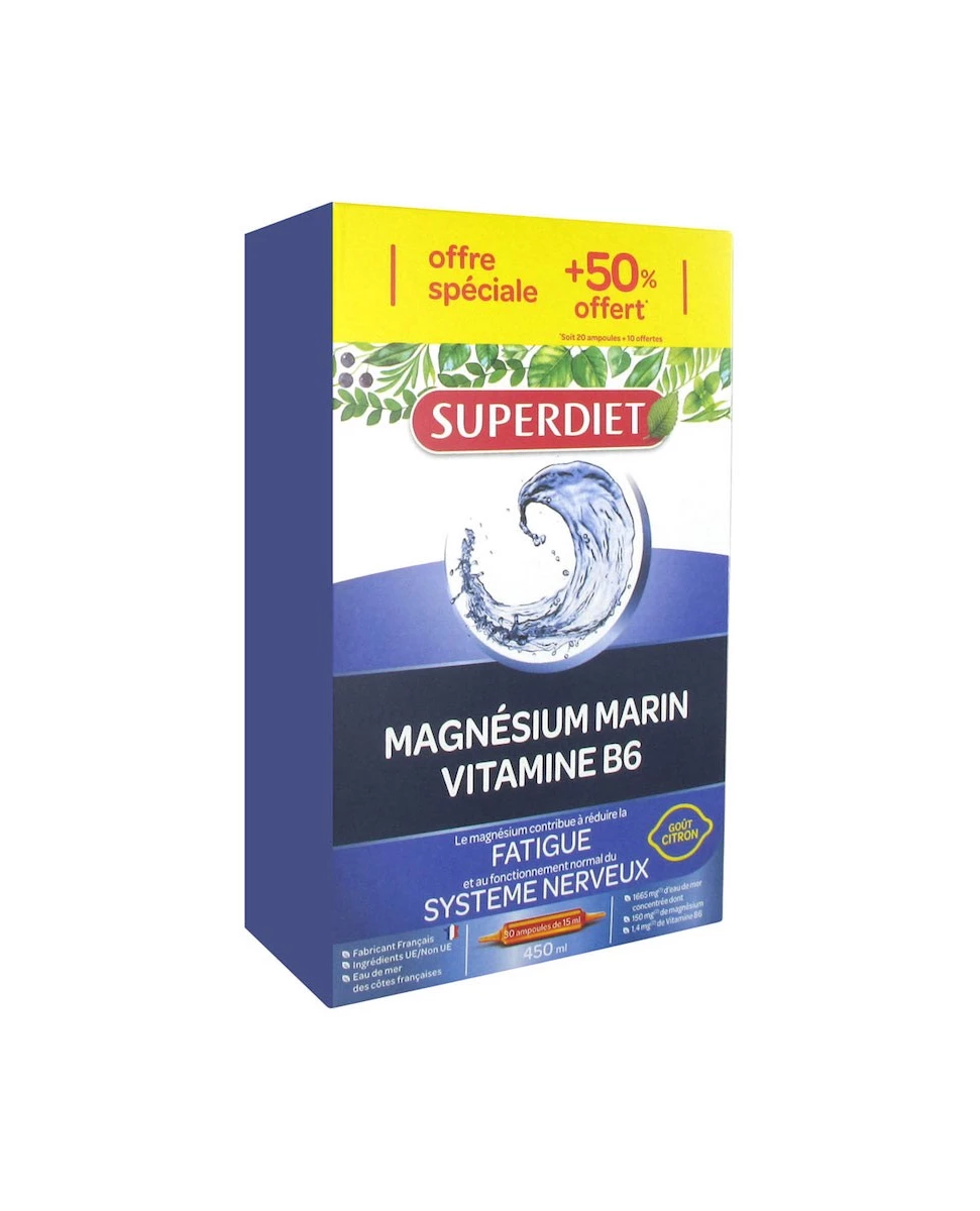 Magnésium Marin Vitamine B6 - 20 Ampoules + 10 Ampoules Gratuites - SuperDiet