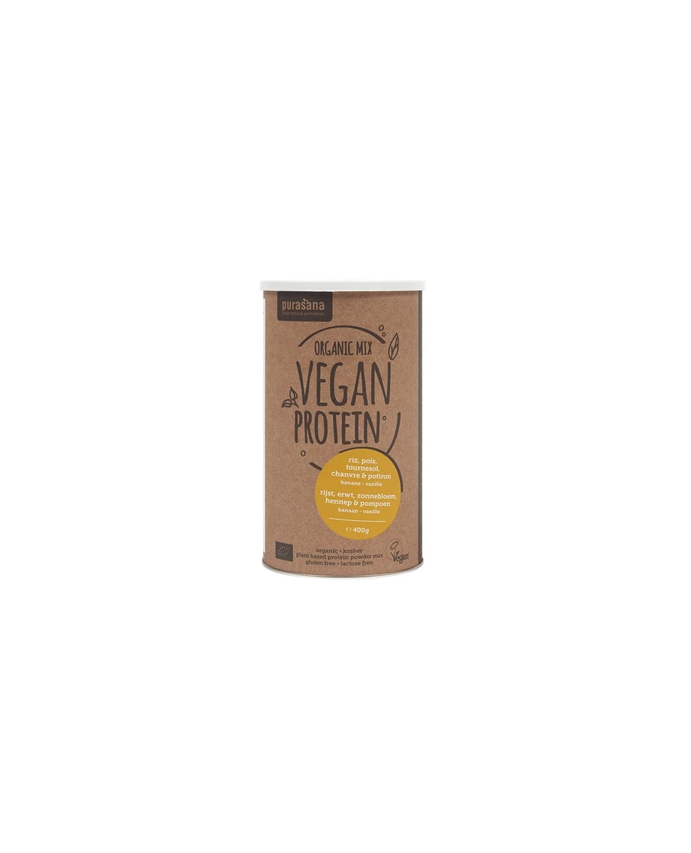 Mix Protéine Riz, Pois, Tournesol, Chanvre & Potiron Banane Vanille - 400g - Purasana