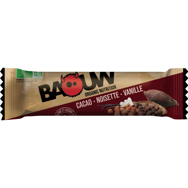 Barre Cacao, Noisette & Vanille – 25g – Baouw Organic Nutrition