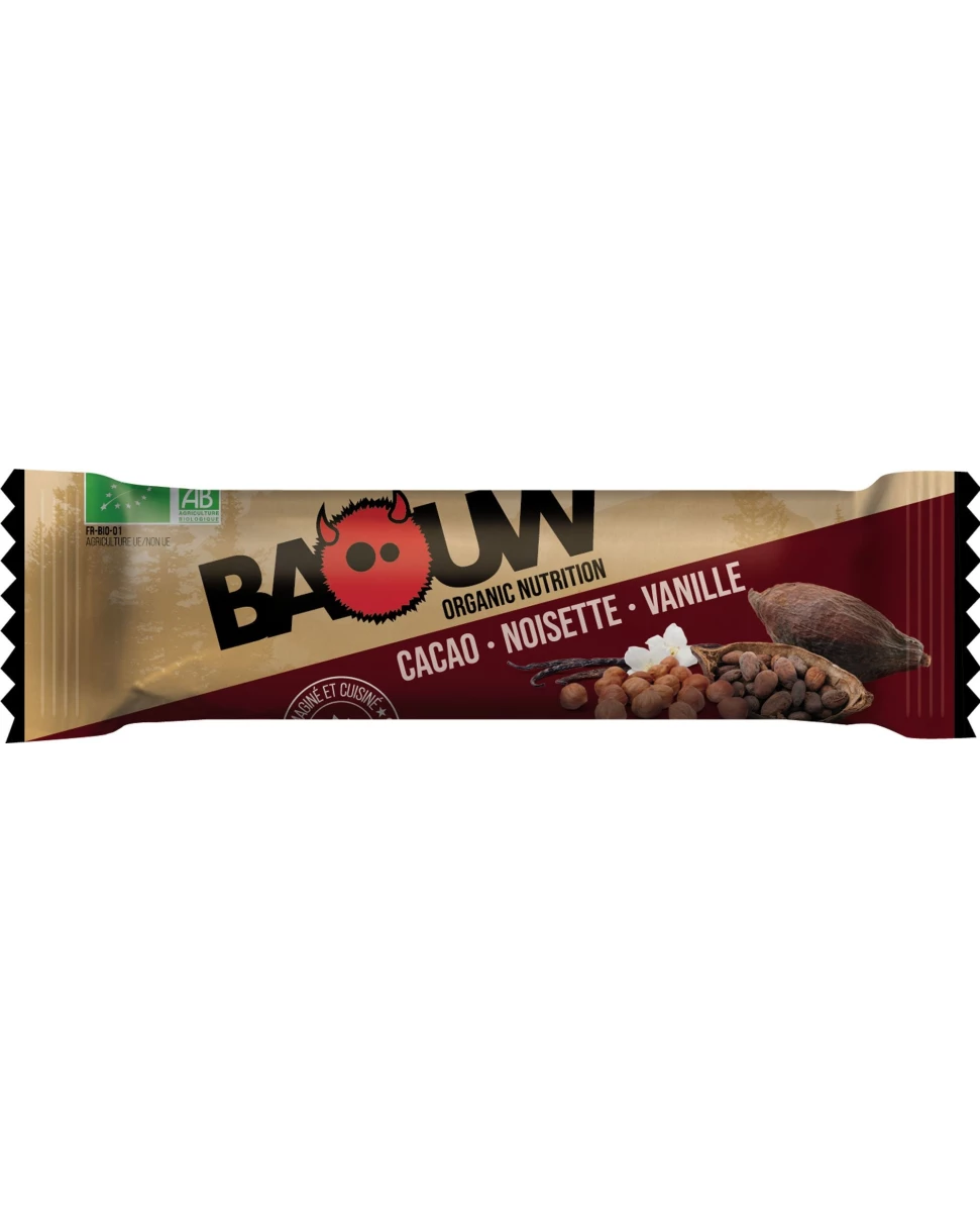 Barre Cacao, Noisette & Vanille – 25g – Baouw Organic Nutrition