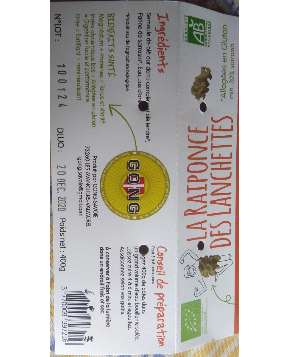 Pâtes La Raiponces des Lanchettes Orties - 400g - Gong