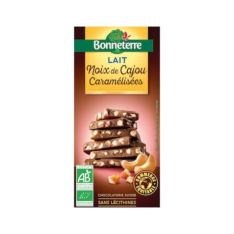 Chocolat Lait Noix de Cajou Caramélisées 85g -Bonneterre