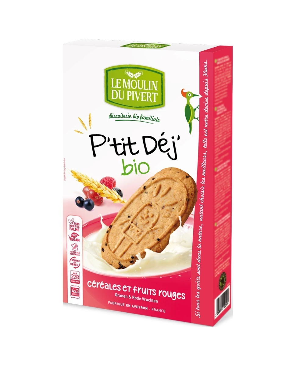 Biscuits P'tit Dej' Céréales et Fruits Rouges - 200g - Le Moulin du Pivert