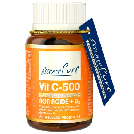 Vit C-500 Non Acide + Vit D3 - 60 Gélules - Essence Pure