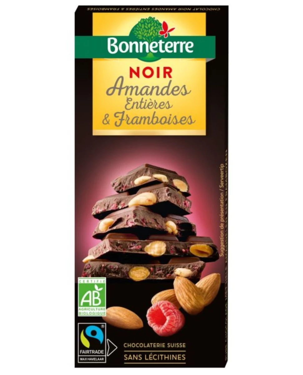 Chocolat Noir Amandes Entières et Framboise – 180g - Bonneterre